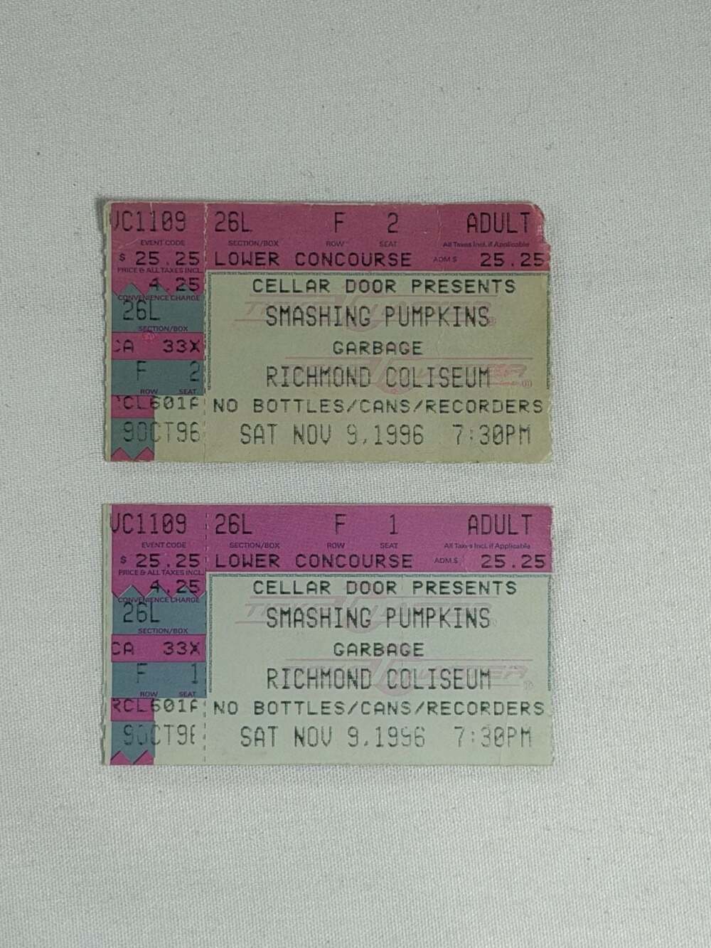 2 Smashing Pumpkins‎ and Garbage Ticket Stubs, Richmond Coliseum, Nov 9, 1996